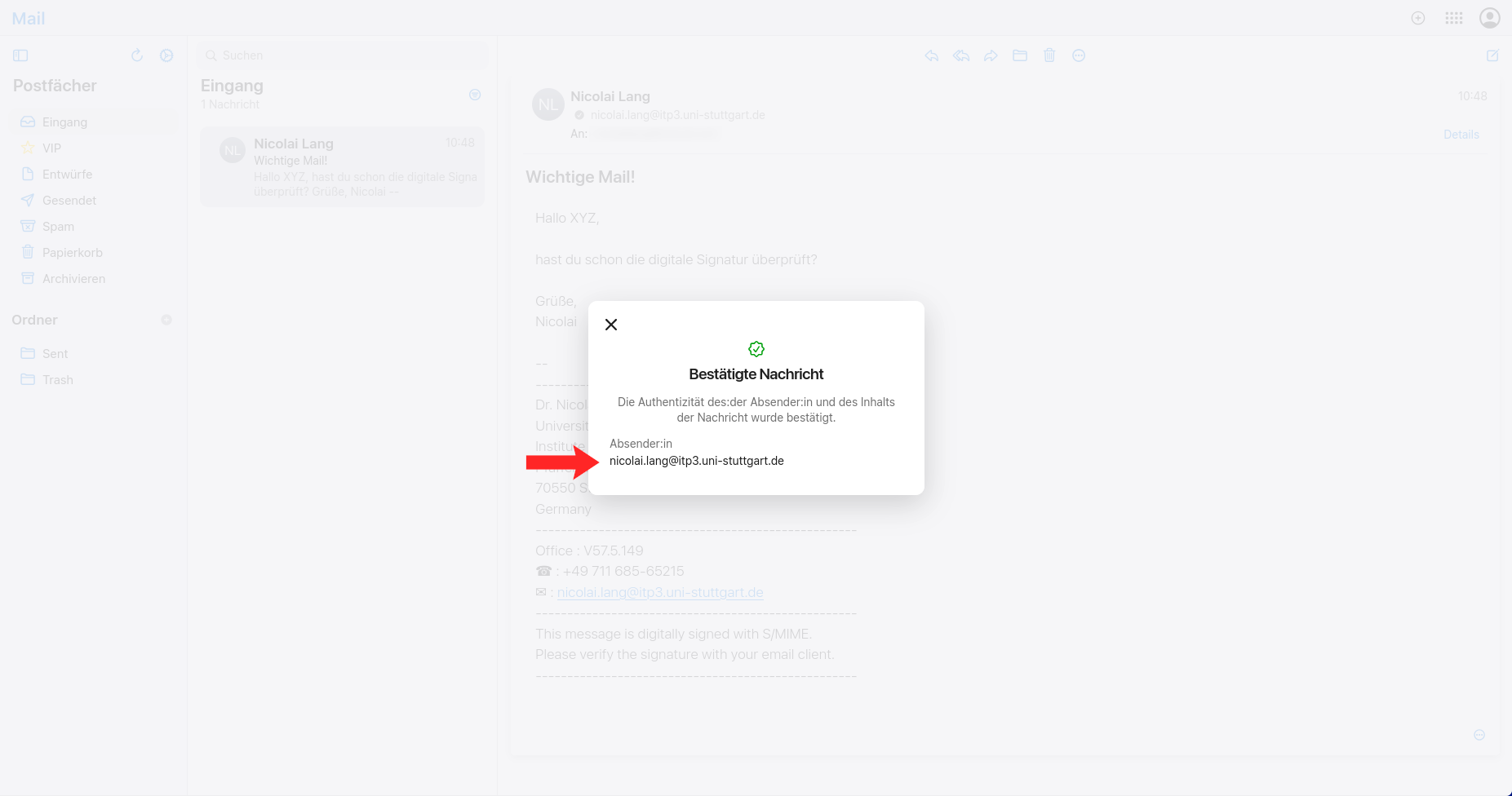 Apple Mail authenticated message dialog showing the confirmed sender address.
