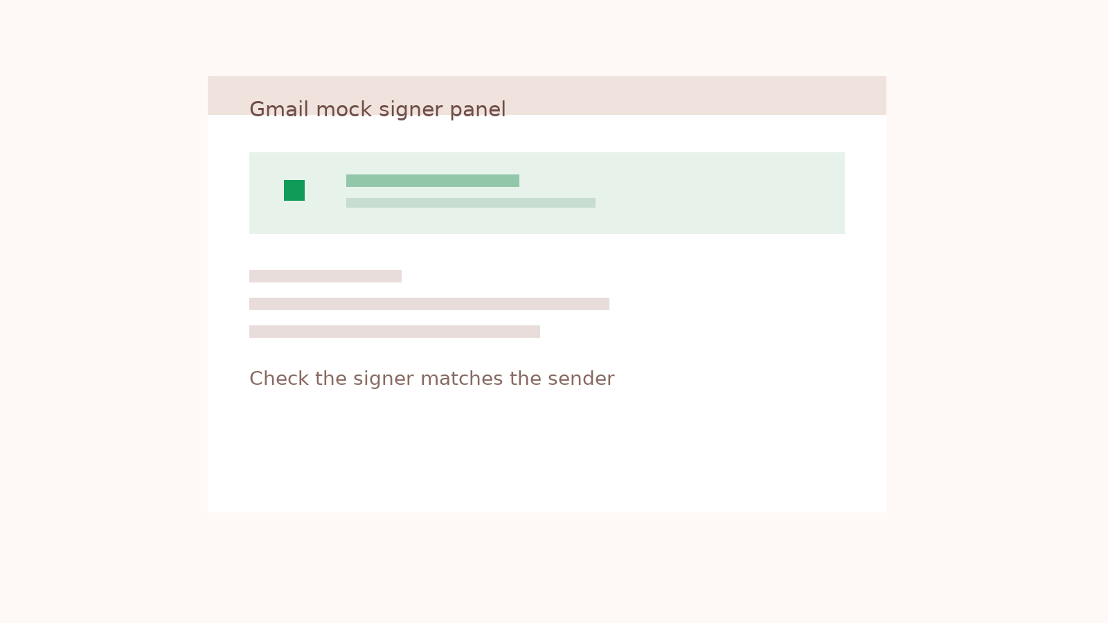 Mock Gmail signer information panel showing signature status and sender identity.