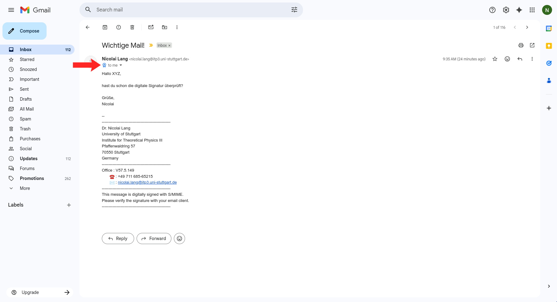 Gmail message header with the details dropdown highlighted.