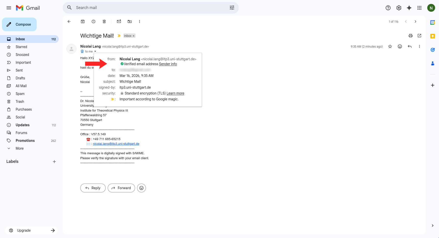 Expanded Gmail message details showing the signed status.