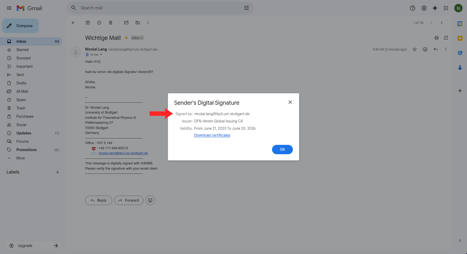 Gmail signer details panel showing the certificate identity.
