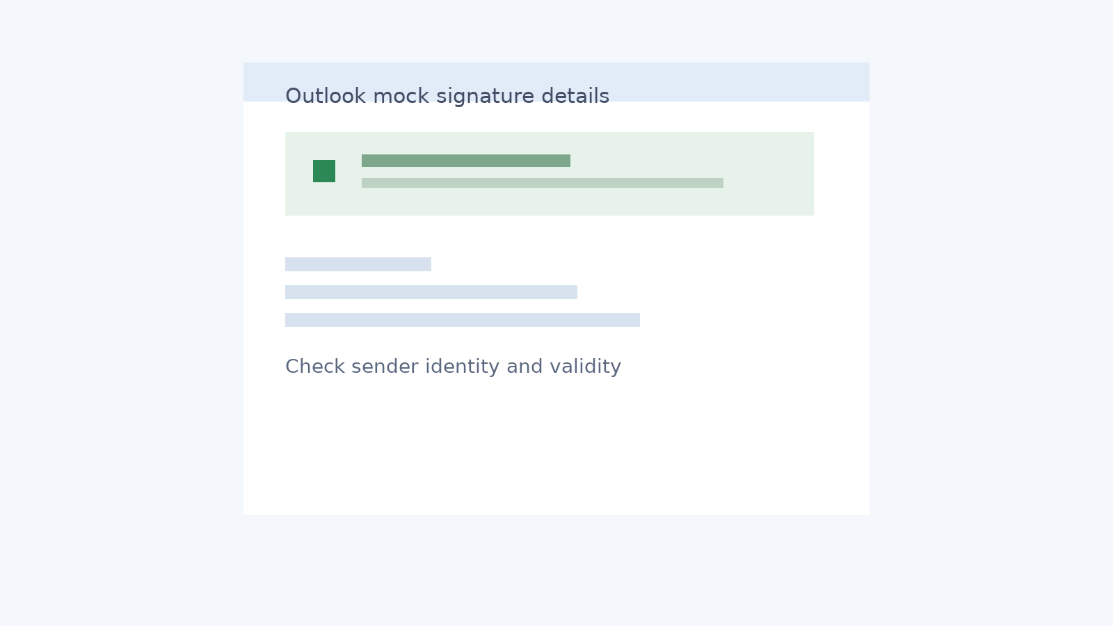 Mock Outlook signature details dialog showing the valid signature state and sender identity.