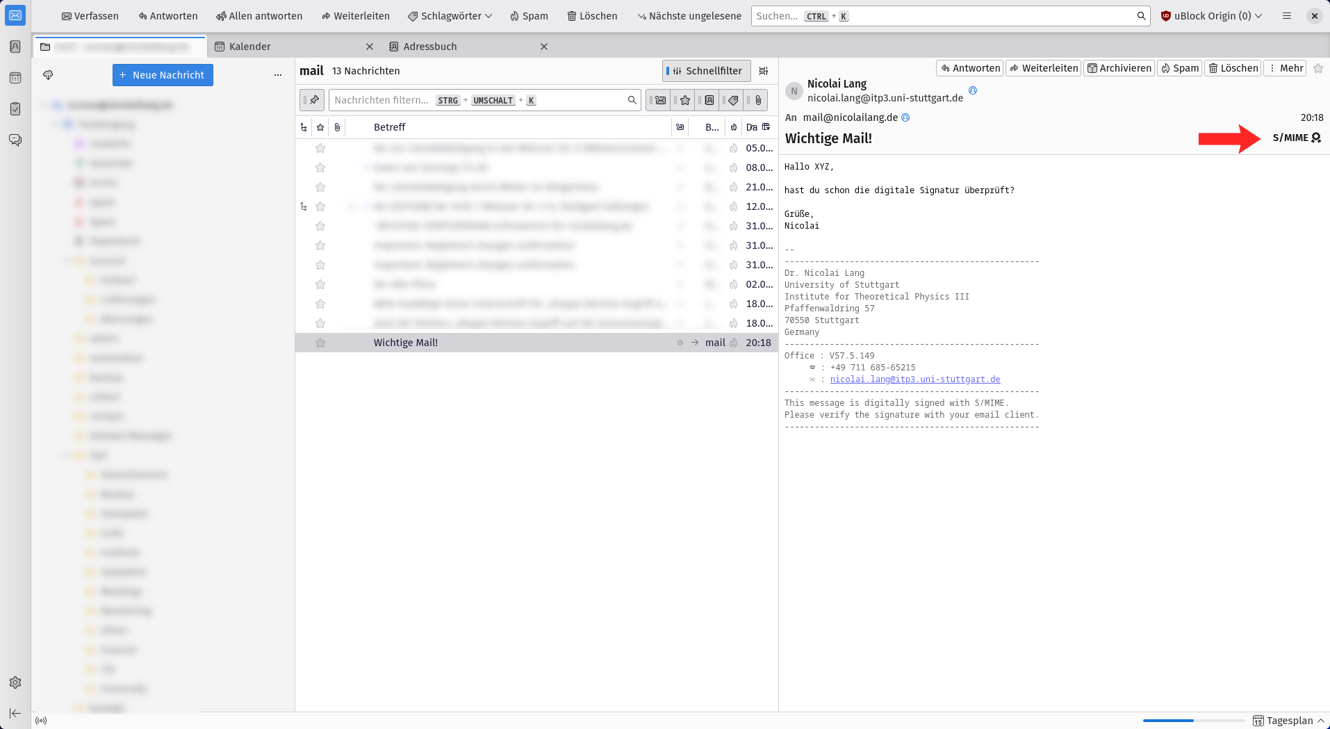 Thunderbird message view showing the S/MIME signature icon in the top right.