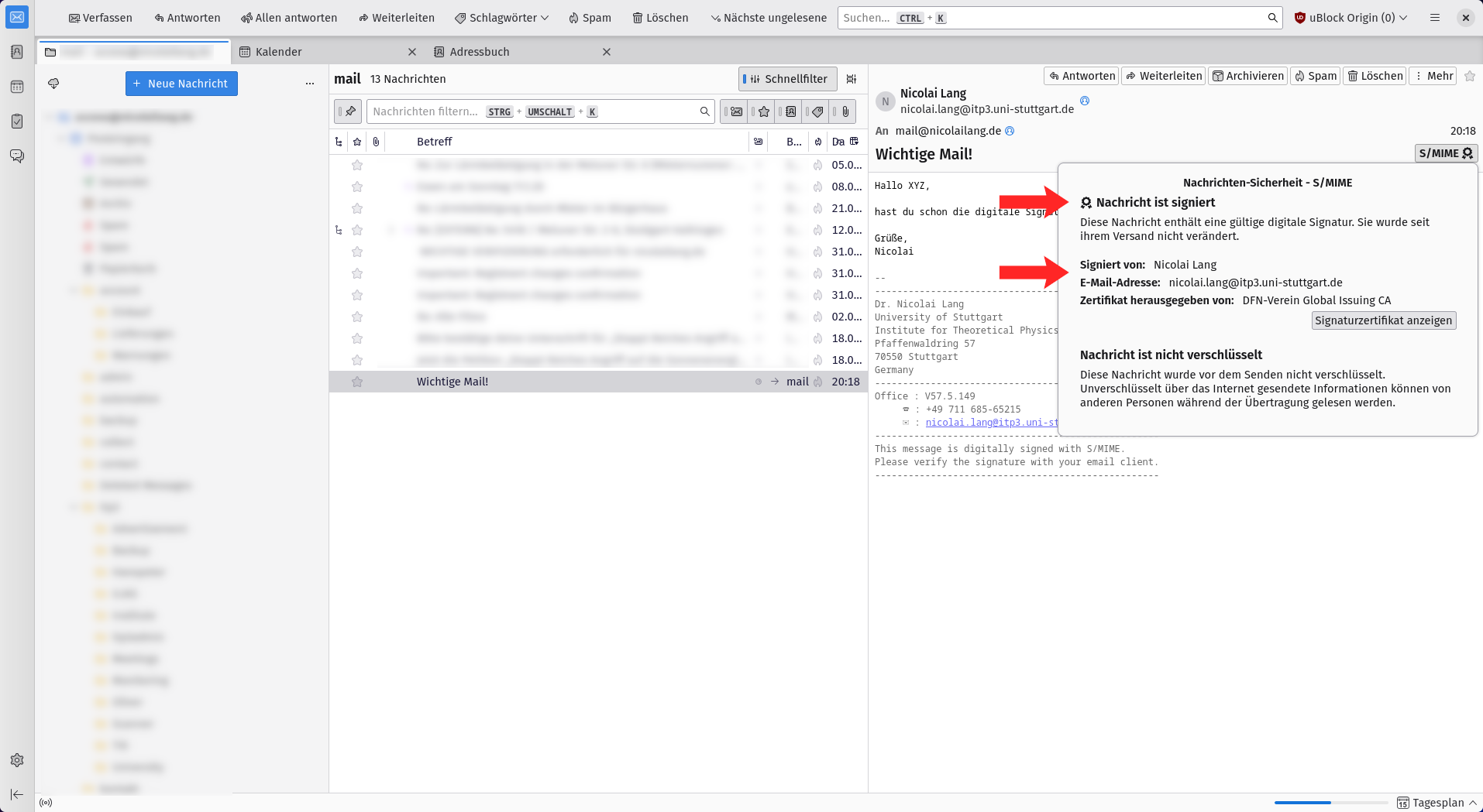 Thunderbird security popup showing the signed status and the full sender name.